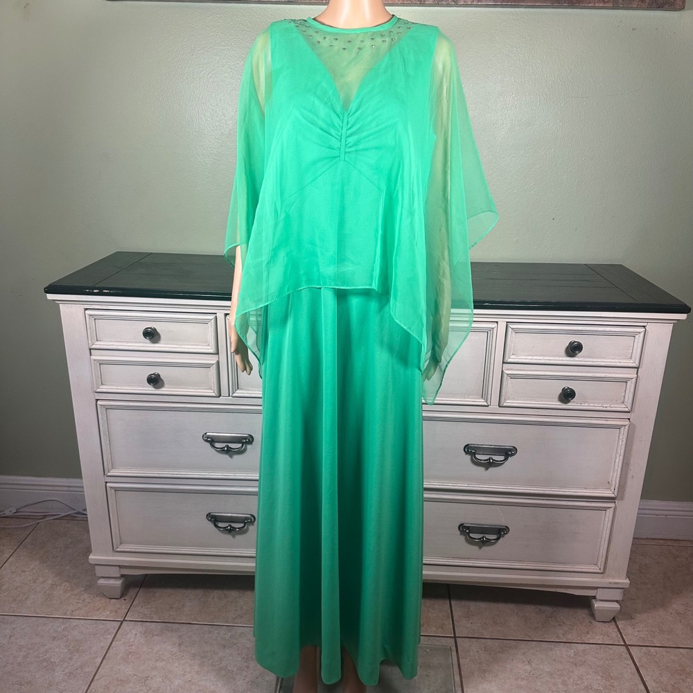 Vintage Montgomery Ward Green Maxi Dress Sheer Rhinestone Cape Formal Gow